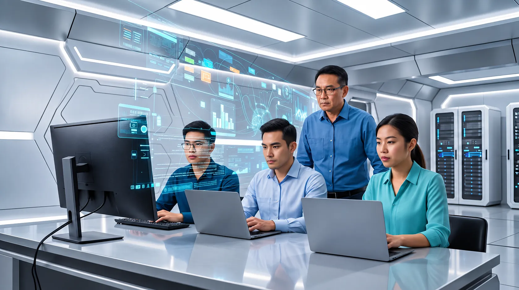 Engineers working in a modern technology and server environment